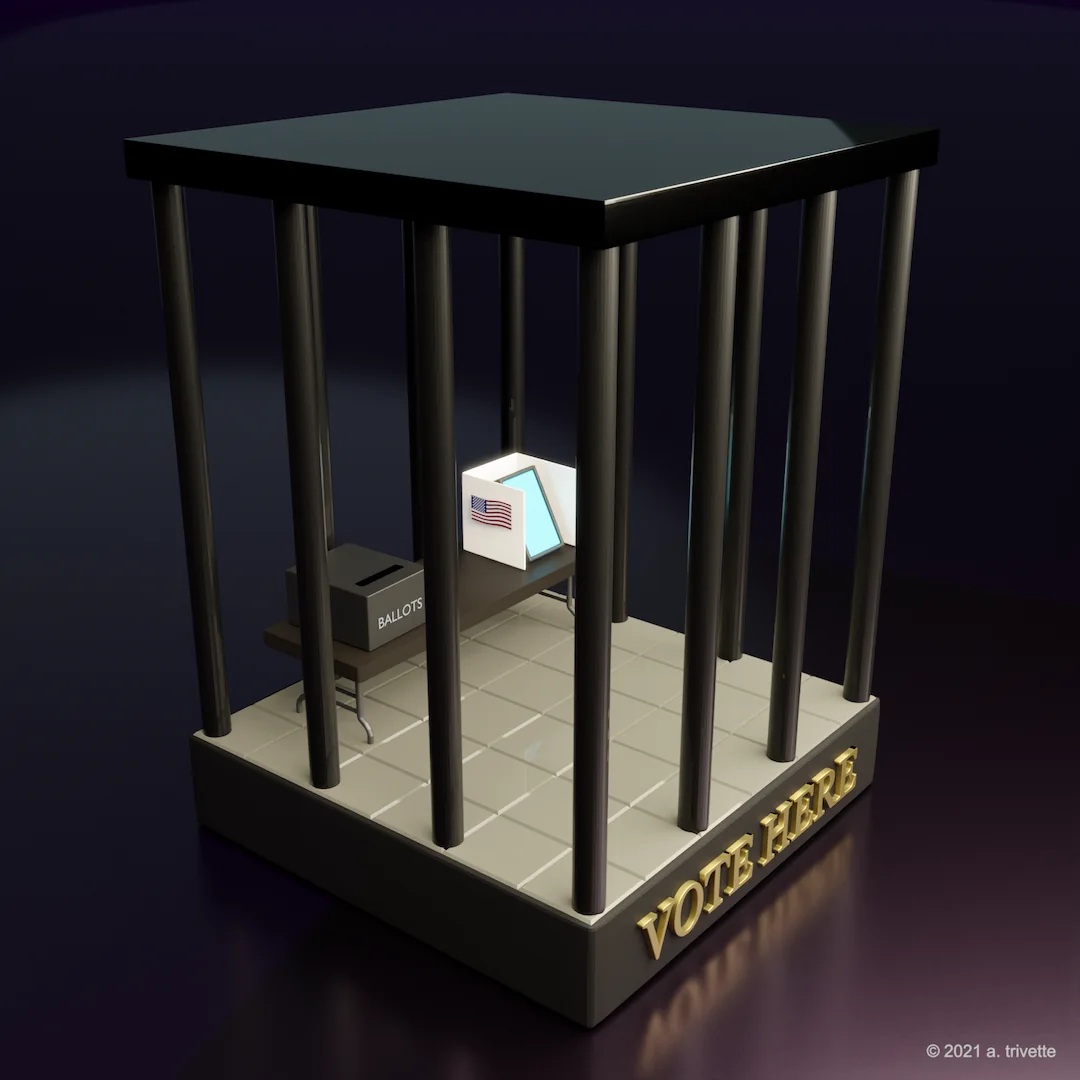 3D micro scene of a voting booth behind bars